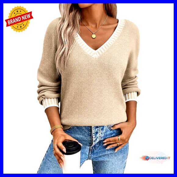 V-Neck Pullover Sweater Chunky Knit Loose Fit Casual Elegant Fall Winter Tops